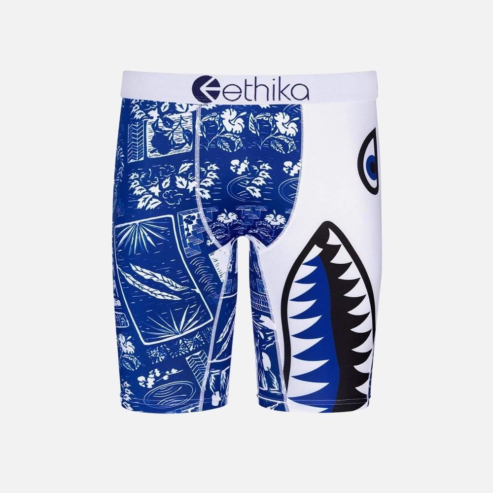 Ethika Blue and White Graphic Shark Boxer Briefs